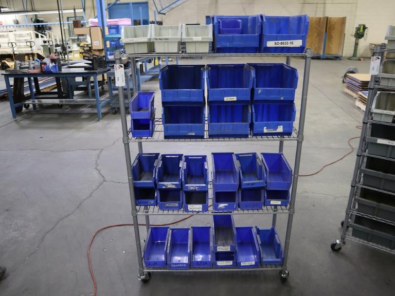 Rolling Wire Rack, (4) Shelves with Plastic Bins 36"x14"x55"