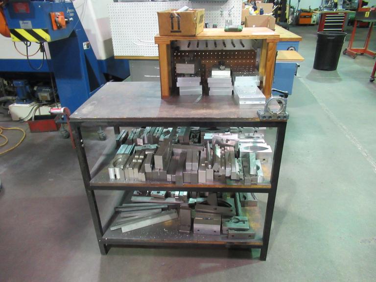 Work Table with 40 Taper Tool Vise and Contents including Large Assortment of Aluminum Vise Jaws