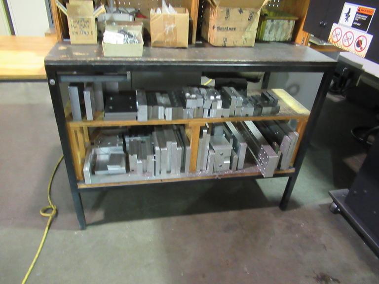 Metal Frame Work Bench with Contents Including Aluminum Vise Jaws and MORE