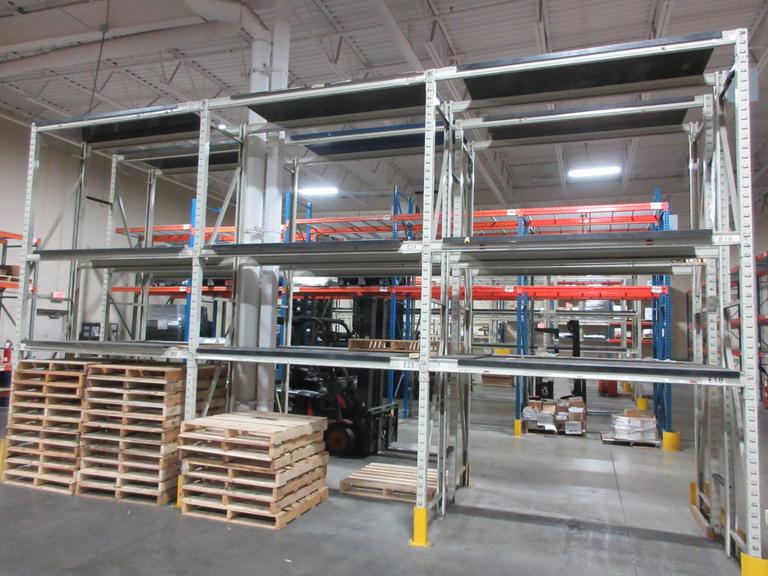 Pallet Racking Back to Back, Tab and Slot Style (8) 14'x32" Uprights, (18) 8' Shelves with Steel Plate Decking, *No Contents*