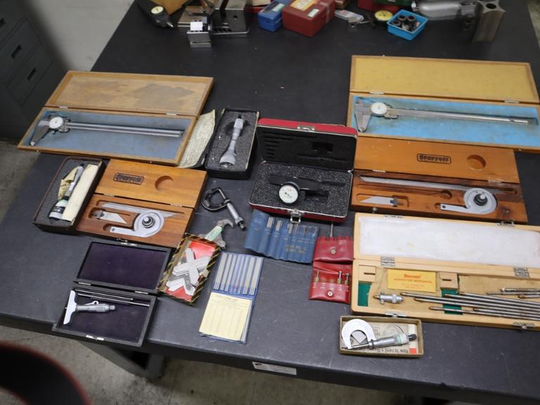 Assorted Measuring Tools, Micrometers, Chamfer Guage, Precision Protractor, Depth Mics, Bore Gauges, Thread Checkers and More