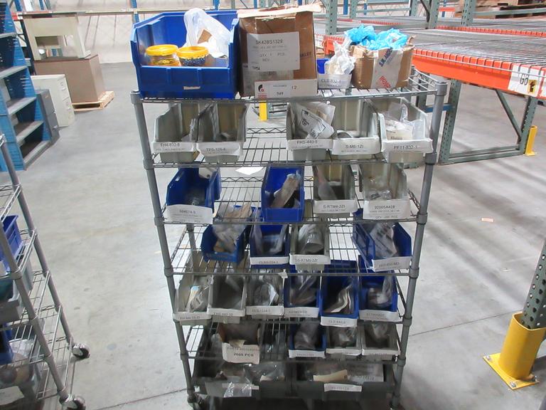 Rolling Wire Shelf with Contents of Assorted Hardware and Fasteners