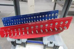 Metal Organizer on Steel Shelf with Contents: Metric / Standard Nuts, Bolts, Screws, Washers 