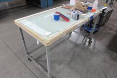 Metal Frame Rolling Table with Wood and Glass Top *No Contents*