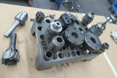 R8 Tooling in Rack, Assorted Size Jacobs Drill Chucks, Boring Heads, Shell Mills