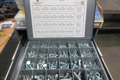 Metal Organizer on Steel Shelf with Contents: Metric / Standard Nuts, Bolts, Screws, Washers 