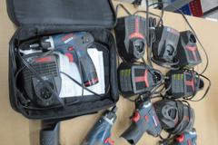 Bosch 1/4" Impact Driver PS21 (6), with 12V lithium Ion Batteries (14) and Chargers (8)