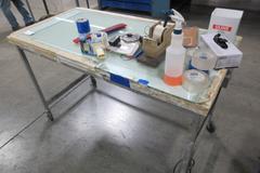 Metal Frame Rolling Table with Wood and Glass Top *No Contents*