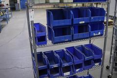 Rolling Wire Rack, (4) Shelves with Plastic Bins 36"x14"x55"