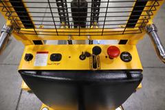 Uline H-5439 Electric Straddle Stacker Lift, 2,200# Cap, 63" Max Height, 50" Between Outriggers, 12 Volt Battery with Charger, 42" Forks