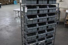 Rolling Wire Rack, (7) Shelves with Plastic Bins 36"x14"x55"