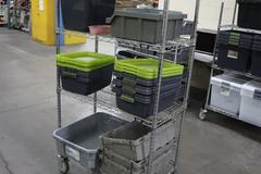 Uline Wire Rack Cart with 4 Shelves and Plastic Totes