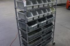 Rolling Wire Rack, (7) Shelves with Plastic Bins 36"x14"x55"