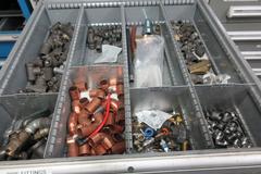 9 Drawer Cabinet with Contents: Fittings, Electrical Components.