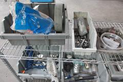 Rolling 3 Shelf Wire Racking with Contents, Plastic Bins, Miscellaneous Fittings and Hardware