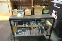Metal Frame Work Bench with Contents Including Aluminum Vise Jaws and MORE