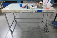 Metal Frame Rolling Table with Wood and Glass Top *No Contents*