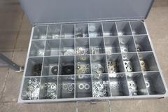 Metal Organizer on Steel Shelf with Contents: Metric / Standard Nuts, Bolts, Screws, Washers 
