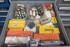 9 Drawer Cabinet with Contents: Fittings, Electrical Components.