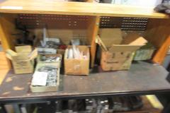 Metal Frame Work Bench with Contents Including Aluminum Vise Jaws and MORE