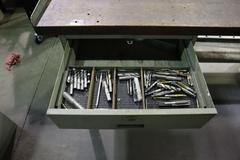Metal Workbench, Maple Top, 2-Drawers, Upper and Lower Shelves, Power Outlet