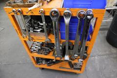 Hold-Down Clamps for Presses and More with Wrenches and Cart