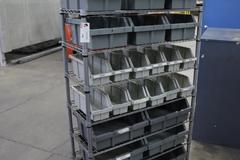 Rolling Wire Rack, (7) Shelves with Plastic Bins 36"x14"x55"