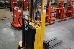 Uline H-2651 Electric Straddle Stacker Lift, 2,200# Cap, 63" Max Height, 50" Between Outriggers, 12 Volt Battery with Charger, 42" Forks