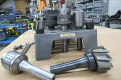 R8 Tooling in Rack, Assorted Size Jacobs Drill Chucks, Boring Heads, Shell Mills