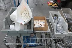 Rolling 3 Shelf Wire Racking with Contents, Plastic Bins, Miscellaneous Fittings and Hardware