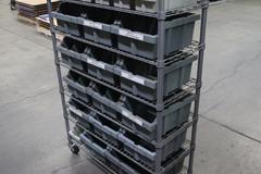Rolling Wire Rack, (7) Shelves with Plastic Bins 36"x14"x55"