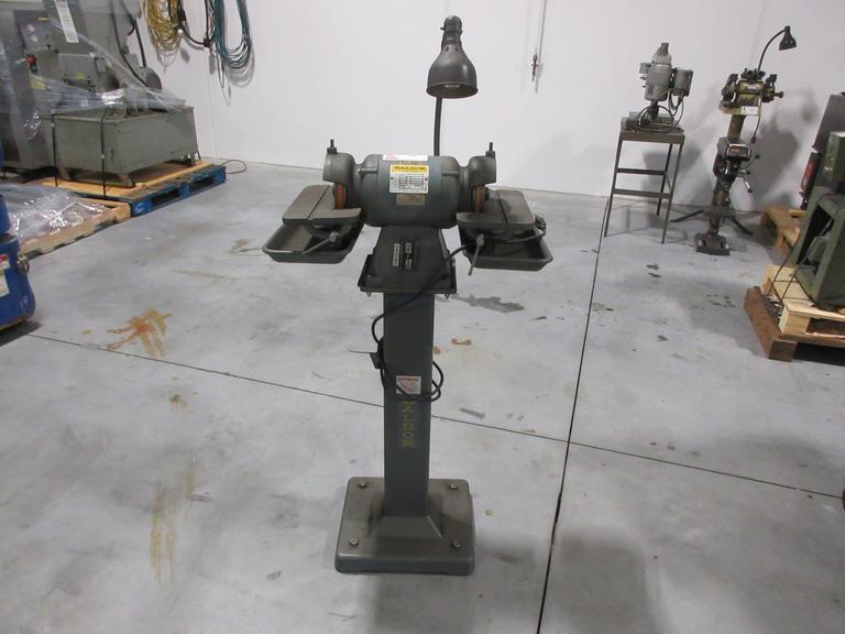 Baldor Double Tool Grinder On Pedestal Stand 6" Cupper Wheels, Tilting Work Tables w/ Drip Pans & Work Light