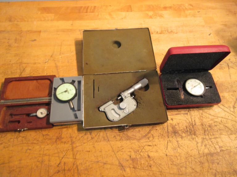 Scherr Tumico 1" Pressure Micrometer, Allina .0001" Dial Indicator, Federal .0001" x  .032"  Travel Indicator, Starrett No. 640-431 Dial Depth Gage