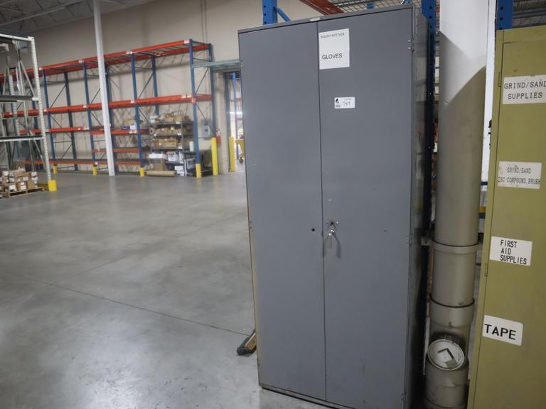 Metal 2 Door Storage Cabinet with Contents of Work Gloves, Box Stapler and Hand Tools