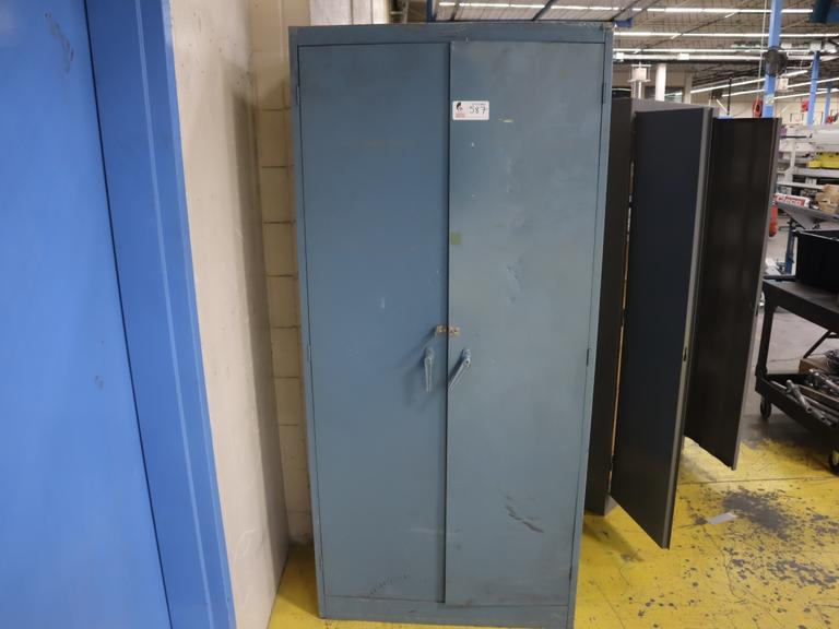 2 Door Metal Cabinet with Contents, Hand Tools, Powder Coating Gun and Cabinet Parts,  Air Fittings
