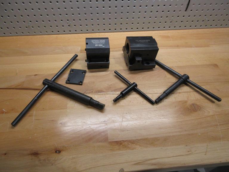 Global CNC Mazak Static Lathe Tool Blocks, (1) QT200-8425, (1) NEX350-8435, with 3 Manual Lathe Chuck Handles 3/8,7/16, & 9/16" Drive