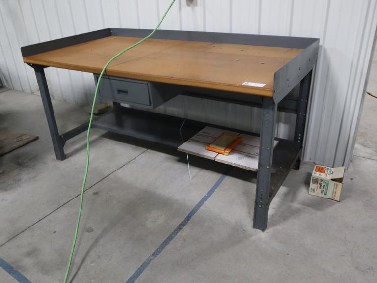Workbench w Wood Top Steel Lower Shelf  and Drawer - NO CONTENTS