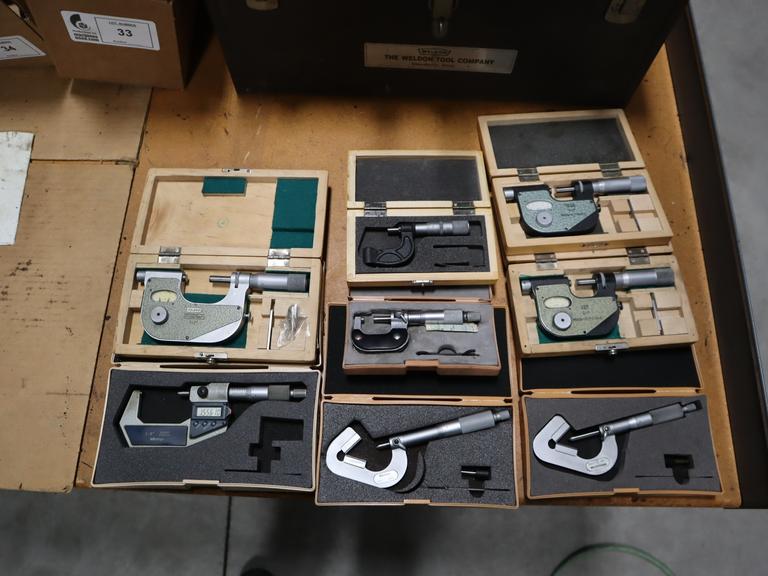 Micrometers: (2) Mitutoyo V-Anvil, (1) Mitutoyo 1-2" Digital, (3) Pressure MIcrometers, and Standard Micromoeter
