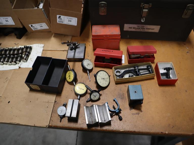 Indicators, Assorted: Drop Indicators, (2) Interapid .0005 Test Indicators (1)Interapid .0001 Test Indicator, Stands, Vee Blocks, Accessories