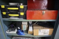2 Door Metal Cabinet with Contents, Hand Tools, Powder Coating Gun and Cabinet Parts,  Air Fittings