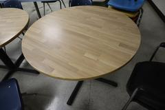 Lunch Room Tables (3) Round and 1 Rectangular with Steel and Plastic Chairs