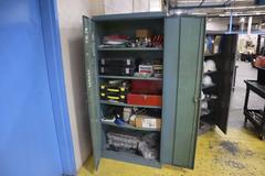 2 Door Metal Cabinet with Contents, Hand Tools, Powder Coating Gun and Cabinet Parts,  Air Fittings