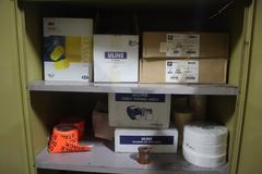 2 Door Metal Storage Cabinet with Contents of Zebra Printer Labels, Uline Labels, Ear Plugs and More