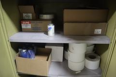2 Door Metal Storage Cabinet with Contents of Zebra Printer Labels, Uline Labels, Ear Plugs and More