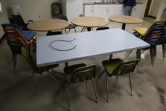 Lunch Room Tables (3) Round and 1 Rectangular with Steel and Plastic Chairs