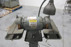 Baldor Double Tool Grinder On Pedestal Stand 6" Cupper Wheels, Tilting Work Tables w/ Drip Pans & Work Light