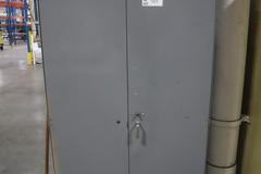 Metal 2 Door Storage Cabinet with Contents of Work Gloves, Box Stapler and Hand Tools