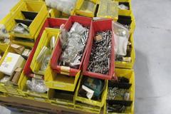 Hardware and Fasteners in Plastic Bins, Various Types, Nuts and Bolts, Screws, Plastic Plumbing Fittings, Threaded Rod, Set Screws