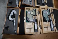 Micrometers: (2) Mitutoyo V-Anvil, (1) Mitutoyo 1-2" Digital, (3) Pressure MIcrometers, and Standard Micromoeter