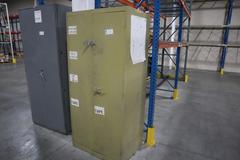 2 Door Metal Storage Cabinet with Contents of Zebra Printer Labels, Uline Labels, Ear Plugs and More